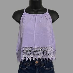 PacSun Lilac Purple Cropped Tank Top with Cinched Neckline and Crochet Lace Trim